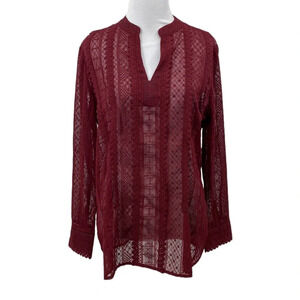 Chico's Popover Blouse Womens Size 1 8/10 M Burgundy Red V-Neck See Through Lace